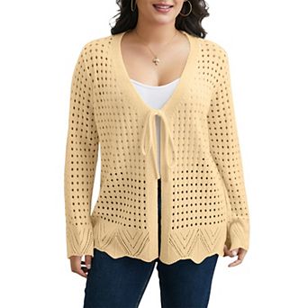 Women's Plus Size Tie Front Crochet Hollow Out Cardigan Lightweight Long Sleeve Knit Sweater Top