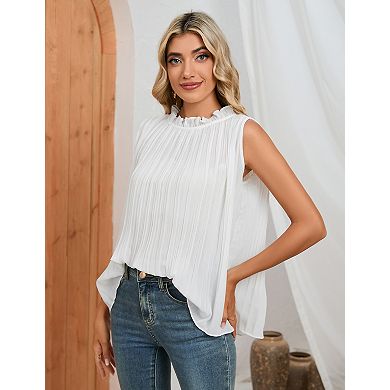 Frill Mock Neck Sleeveless Tops for Women Ruffle Trim Neckline Blouse