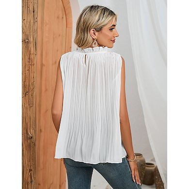 Frill Mock Neck Sleeveless Tops for Women Ruffle Trim Neckline Blouse