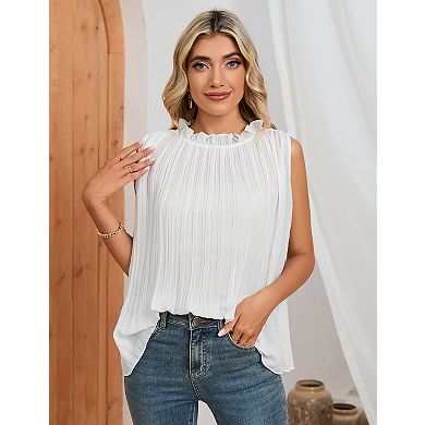 Frill Mock Neck Sleeveless Tops for Women Ruffle Trim Neckline Blouse