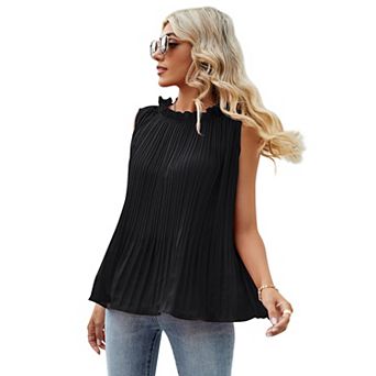 Frill Mock Neck Sleeveless Tops for Women Ruffle Trim Neckline Blouse