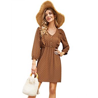 Women's V Neck 3/4 Sleeve Mini Dress with Decorative Buttons High Waist A-Line Swing Dress