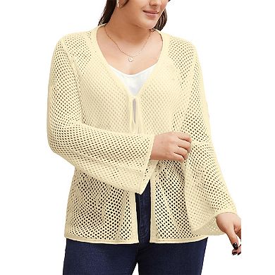 Women's Plus Size Tie Front Crochet Hollow Out Cardigan Lightweight Long Sleeve Knit Sweater Top