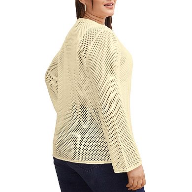 Women's Plus Size Tie Front Crochet Hollow Out Cardigan Lightweight Long Sleeve Knit Sweater Top