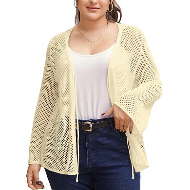 Women's Plus Size Tie Front Crochet Hollow Out Cardigan Lightweight Long Sleeve Knit Sweater Top