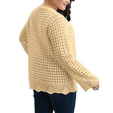 Women's Plus Size Tie Front Crochet Hollow Out Cardigan Lightweight Long Sleeve Knit Sweater Top