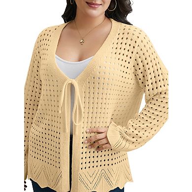 Women's Plus Size Tie Front Crochet Hollow Out Cardigan Lightweight Long Sleeve Knit Sweater Top