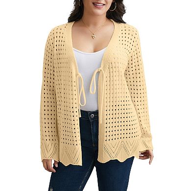 Women's Plus Size Tie Front Crochet Hollow Out Cardigan Lightweight Long Sleeve Knit Sweater Top