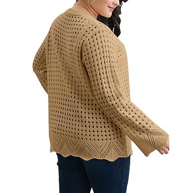 Women's Plus Size Tie Front Crochet Hollow Out Cardigan Lightweight Long Sleeve Knit Sweater Top
