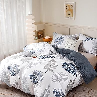 Soft Cotton Duvet Cover Set, 3pc with Leaf Pattern and Pillow Shams