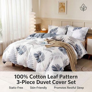 Soft Cotton Duvet Cover Set, 3pc with Leaf Pattern and Pillow Shams