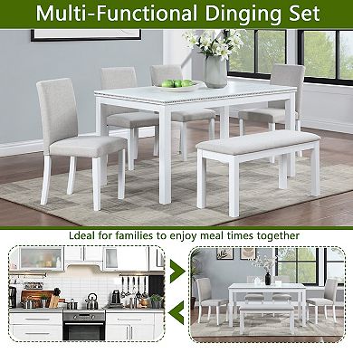Merax 6 Piece Wooden Dining Table Set, Wooden Dining Table with 4 Upholstered Chairs and Bench