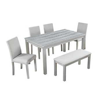 Merax 6 pc Wooden Dining Table Set, Wooden Dining Table with 4 Upholstered Chairs and Bench
