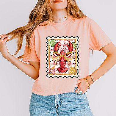 Lobster Stamp Checkered - Women's Boxy Crop Top Graphic T-Shirt