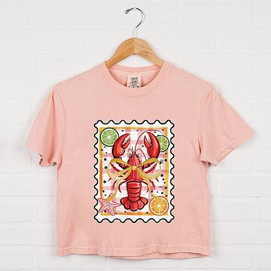 Lobster Stamp Checkered - Women's Boxy Crop Top Graphic T-Shirt