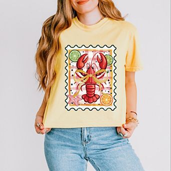 Lobster Stamp Checkered - Women's Boxy Crop Top Graphic T-Shirt
