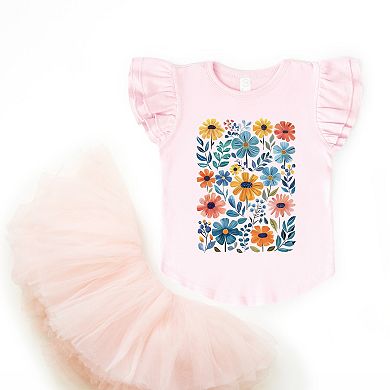 Colorful Daisies and Leaves - Flutter Sleeve Graphic T-Shirt