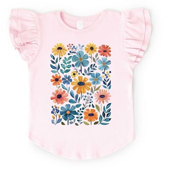 Colorful Daisies and Leaves - Flutter Sleeve Graphic T-Shirt