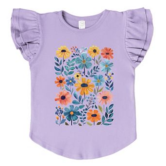 Colorful Daisies and Leaves - Flutter Sleeve Graphic T-Shirt