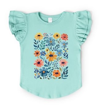 Colorful Daisies and Leaves - Flutter Sleeve Graphic T-Shirt