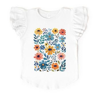 Colorful Daisies and Leaves - Flutter Sleeve Graphic T-Shirt