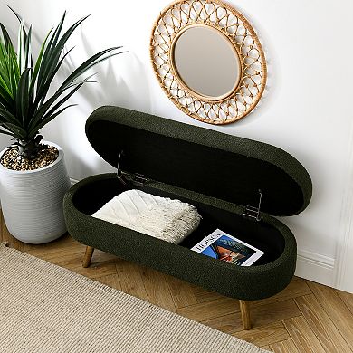 Merax Oval Linen Storage Ottoman Pleated Fabric Upholstered Footstool with Rubber Wood Legs