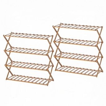 Set of 2 Foldable Bamboo Shoe Rack and Storage Shelf Multi-Purpose Wooden Organizer, 4 tier