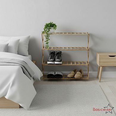 Set of 2 Foldable Bamboo Shoe Rack and Storage Shelf Multi-Purpose Wooden Organizer, 4-Tier