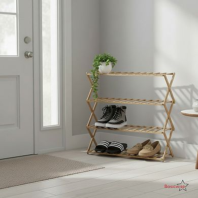 Set of 2 Foldable Bamboo Shoe Rack and Storage Shelf Multi-Purpose Wooden Organizer, 4-Tier