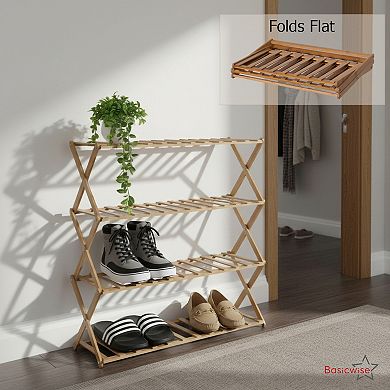 Set of 2 Foldable Bamboo Shoe Rack and Storage Shelf Multi-Purpose Wooden Organizer, 4-Tier
