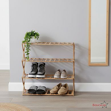 Set of 2 Foldable Bamboo Shoe Rack and Storage Shelf Multi-Purpose Wooden Organizer, 4-Tier