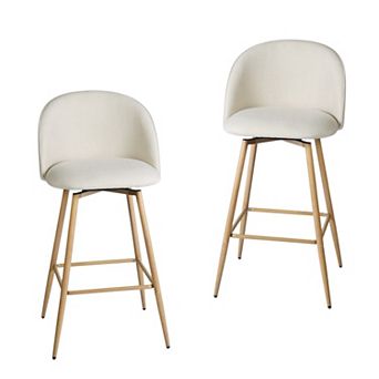 HomeRoots Set of Two 27" Beige and Oak Fabric and Metal Counter Height Swivel Bar Chairs