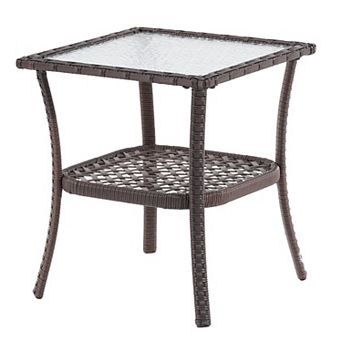 Outdoor PE Rattan Side Table, Water-Corrugated Glass Tabletop Water-Proof for Indoor, Outdoor