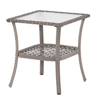Outdoor PE Rattan Side Table, Water-Corrugated Glass Tabletop Water-Proof for Indoor, Outdoor