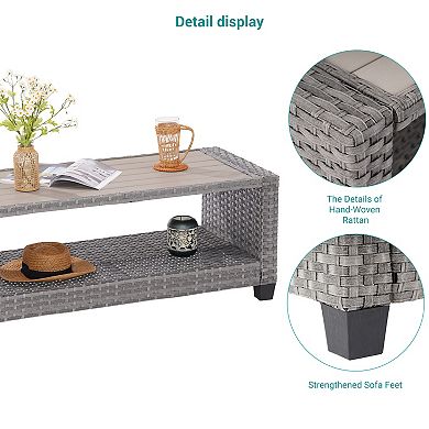 Outdoor PE Rattan Side Table, Rectangular Water-Proof Coffee HIPS Tabletop for Indoor and Outdoor
