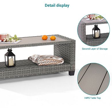 Outdoor PE Rattan Side Table, Rectangular Water-Proof Coffee HIPS Tabletop for Indoor and Outdoor