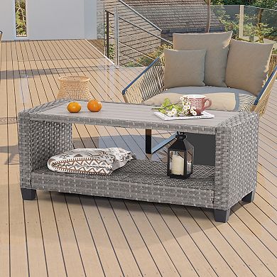 Outdoor PE Rattan Side Table, Rectangular Water-Proof Coffee HIPS Tabletop for Indoor and Outdoor