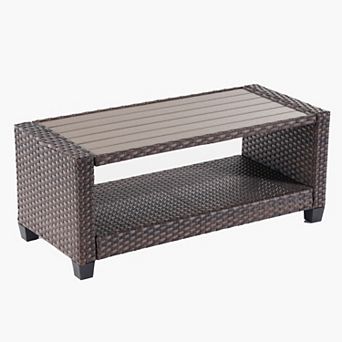 Outdoor PE Rattan Side Table, Rectangular Water-Proof Coffee HIPS Tabletop for Indoor and Outdoor
