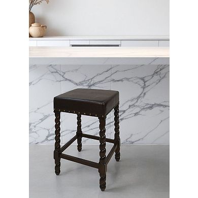 HomeRoots 24" Black And Espresso Faux Leather And Solid Wood Backless Counter Height Bar Chair