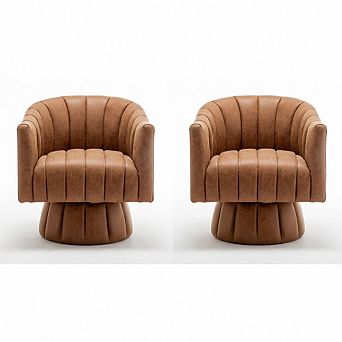 SEYNAR Mid-Century Swivel PU Leather Tufted Round Accent Barrel Chair set of 2
