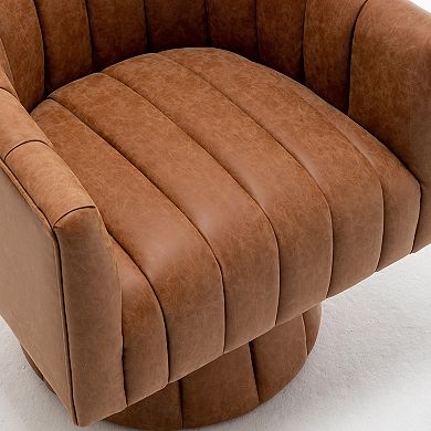 SEYNAR Mid-Century Swivel PU Leather Tufted Round Accent Barrel Chair
