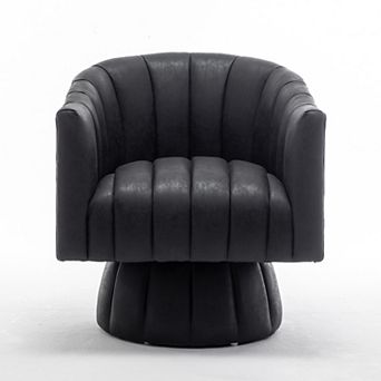 SEYNAR Mid-Century Swivel PU Leather Tufted Round Accent Barrel Chair