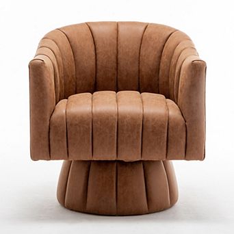 SEYNAR Mid-Century Swivel PU Leather Tufted Round Accent Barrel Chair