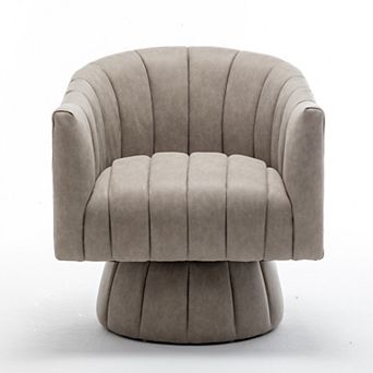 SEYNAR Mid-Century Swivel PU Leather Tufted Round Accent Barrel Chair