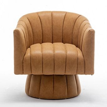 SEYNAR Mid-Century Swivel PU Leather Tufted Round Accent Barrel Chair