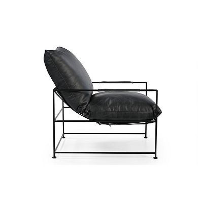 HomeRoots 28" Black Genuine Leather Distressed Arm Chair