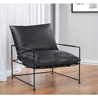 HomeRoots 28" Black Genuine Leather Distressed Arm Chair