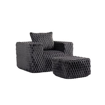 HomeRoots 42" Charcoal Chenille Upholstered Arm Chair With Ottoman