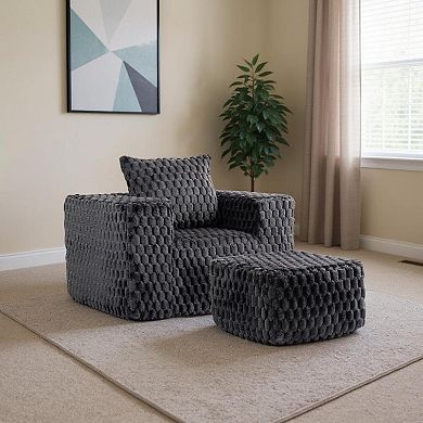 HomeRoots 42" Charcoal Chenille Upholstered Arm Chair With Ottoman