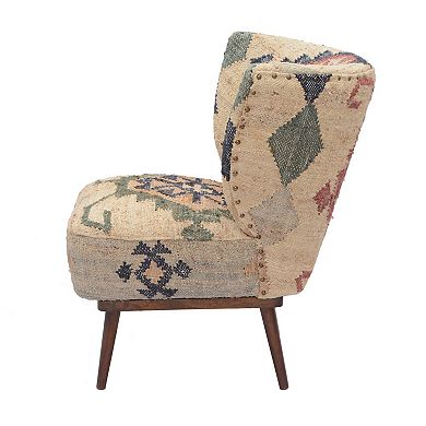 HomeRoots 26" Beige Blue and Red Jute Southwestern Wingback Chair